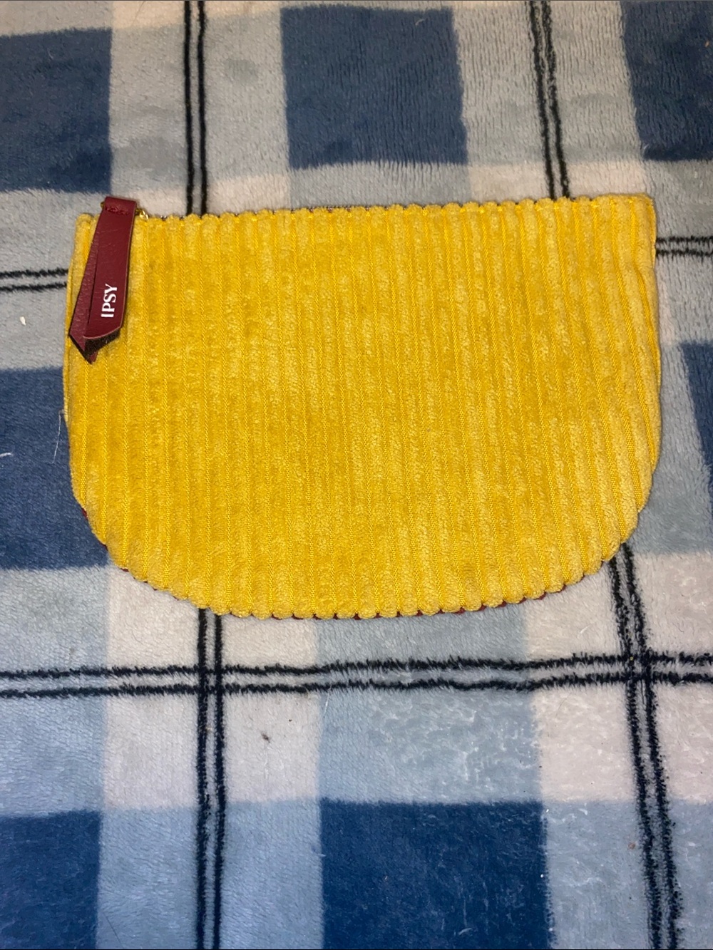 ipsy Yellow Corduroy Half Moon Cosmetic Pouch with Maroon Zip Tab